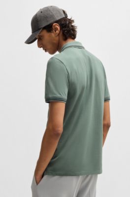 Stretch-cotton slim-fit polo shirt with printed logo, Light Green