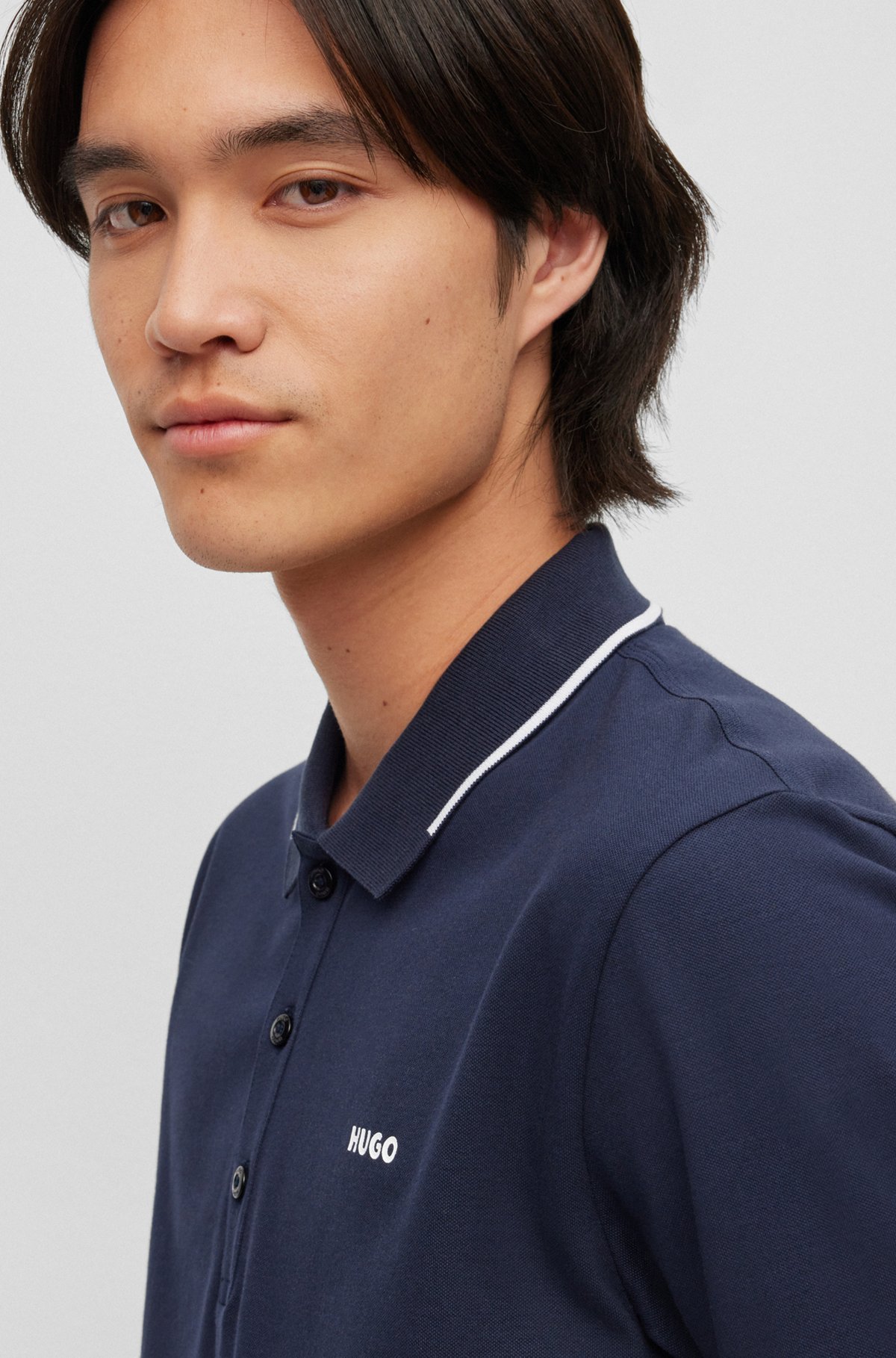 Stretch-cotton slim-fit polo shirt with printed logo , Dark Blue