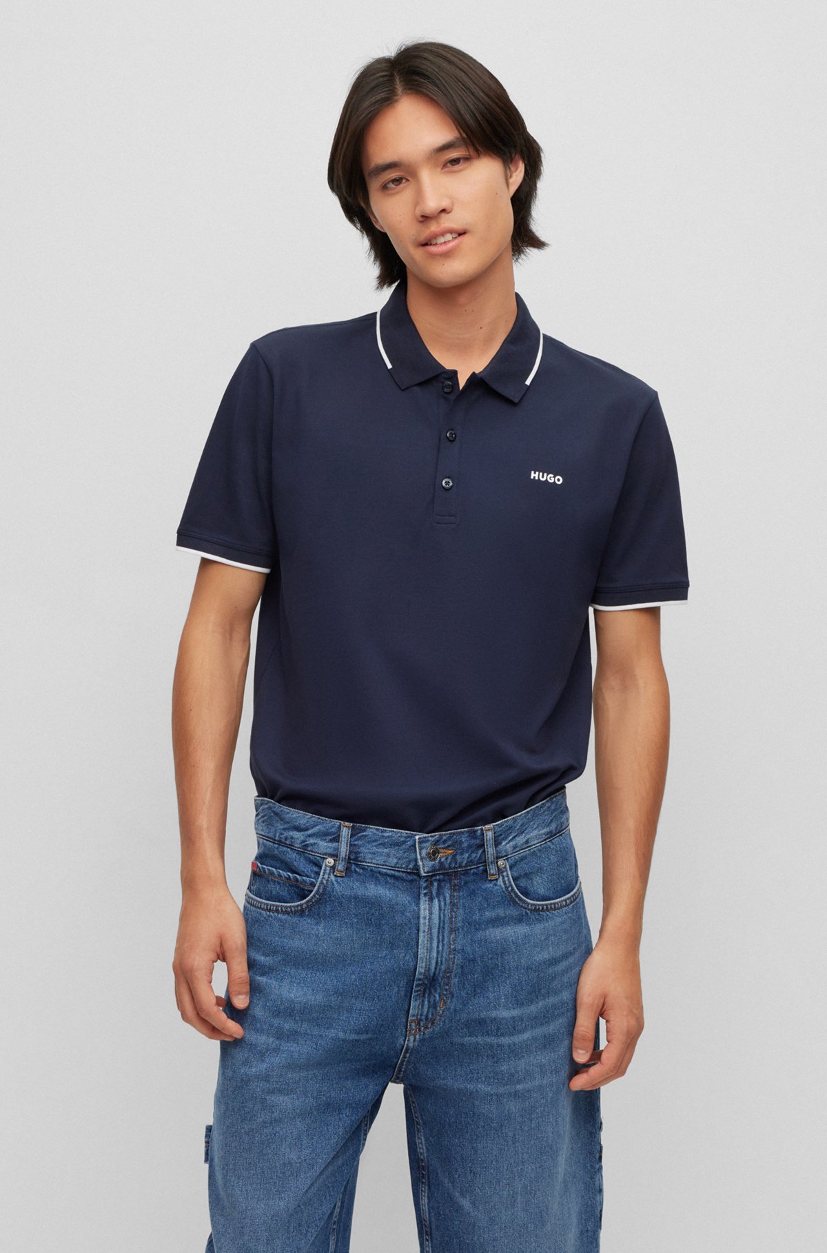 Stretch-cotton slim-fit polo shirt with printed logo , Dark Blue