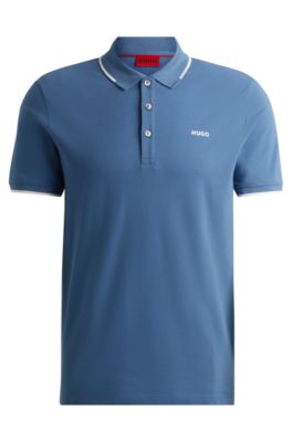 Stretch-cotton slim-fit polo shirt with printed logo, Azul