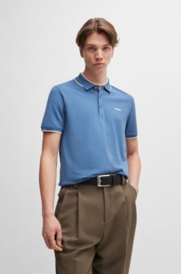 Stretch-cotton slim-fit polo shirt with printed logo, Blue