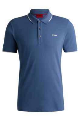 Stretch-cotton slim-fit polo shirt with printed logo, Light Blue
