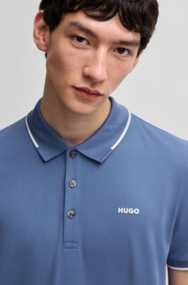 Stretch-cotton slim-fit polo shirt with printed logo, Light Blue