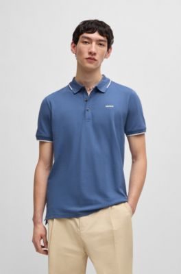 Stretch-cotton slim-fit polo shirt with printed logo, Light Blue