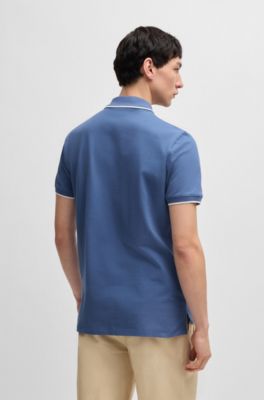 Stretch-cotton slim-fit polo shirt with printed logo, Light Blue