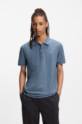 Polo slim fit de algod&oacute;n el&aacute;stico con ribetes en contraste, Celeste