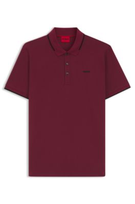 Stretch-cotton slim-fit polo shirt with printed logo, Dark Red