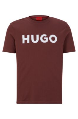 Hugo Cotton-jersey Regular-fit T-shirt With Contrast Logo In Dark Brown