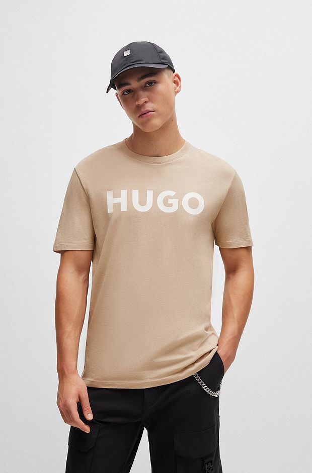 Cotton-jersey regular-fit T-shirt with logo print, Beige