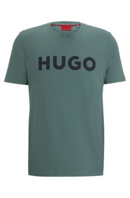 Hugo Cotton-jersey Regular-fit T-shirt With Contrast Logo In Dark Green