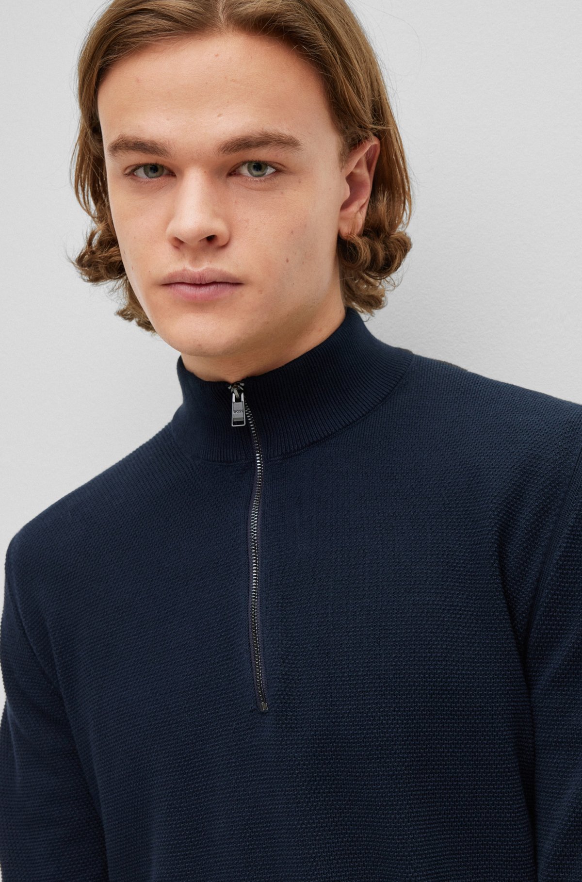 BOSS - Structured-cotton regular-fit sweater with zip neckline