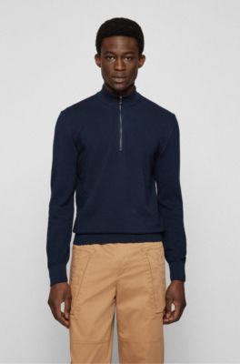 Hugo Boss Structured-cotton Regular-fit Sweater With Zip Neckline In Dark Blue
