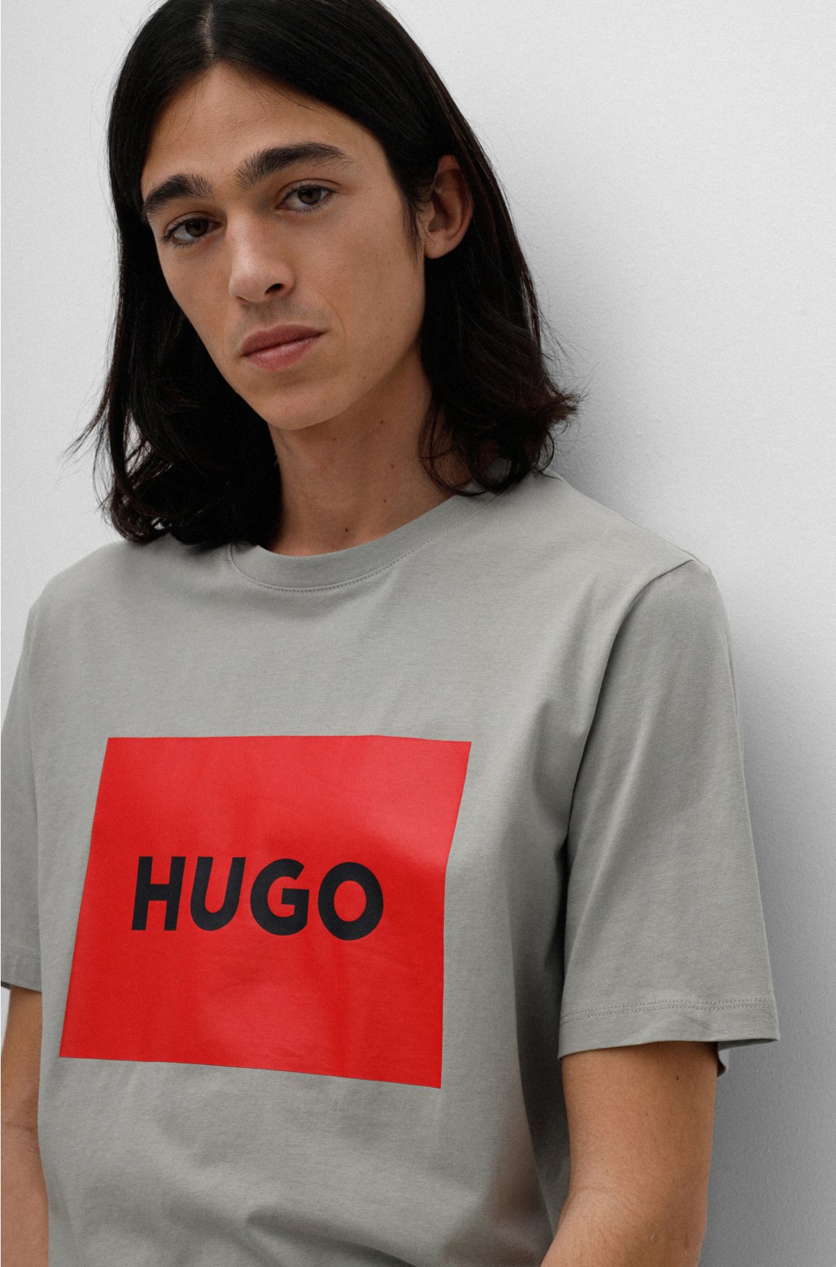 Crew-neck T-shirt in cotton jersey with box logo, Grey