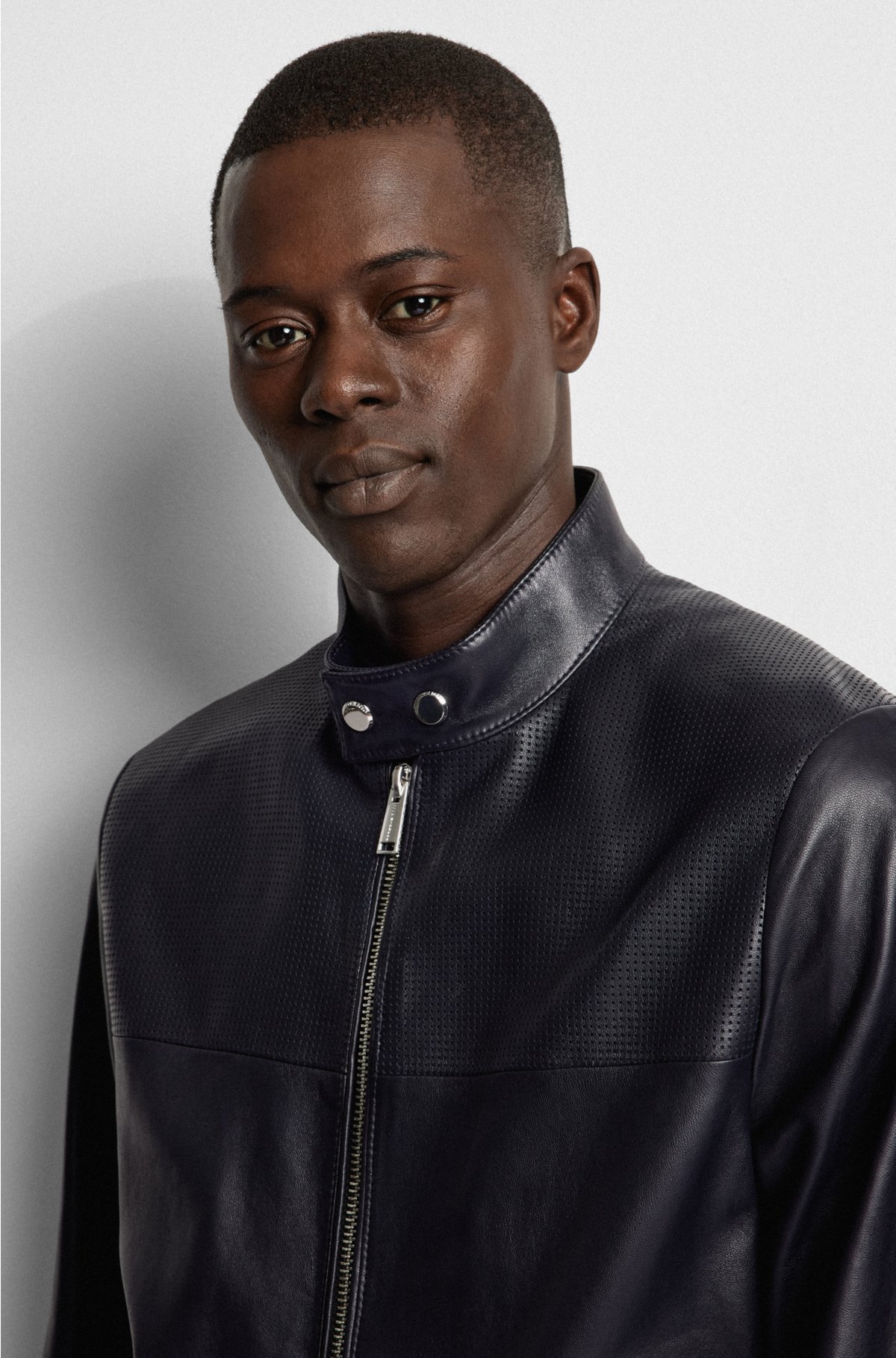 BOSS - Porsche x BOSS Mixed-leather slim-fit jacket with two-way zip