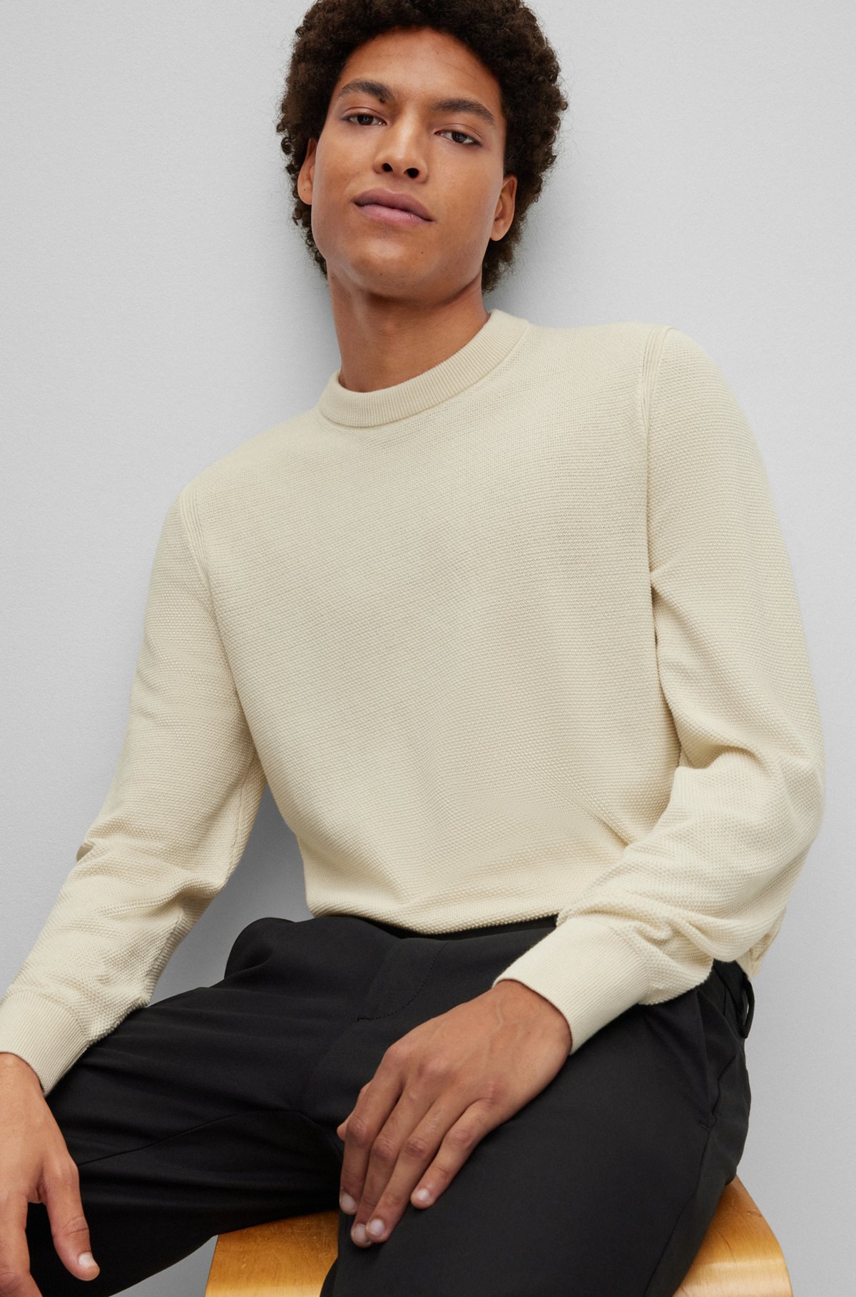BOSS - Crew-neck sweater in structured cotton with stripe details