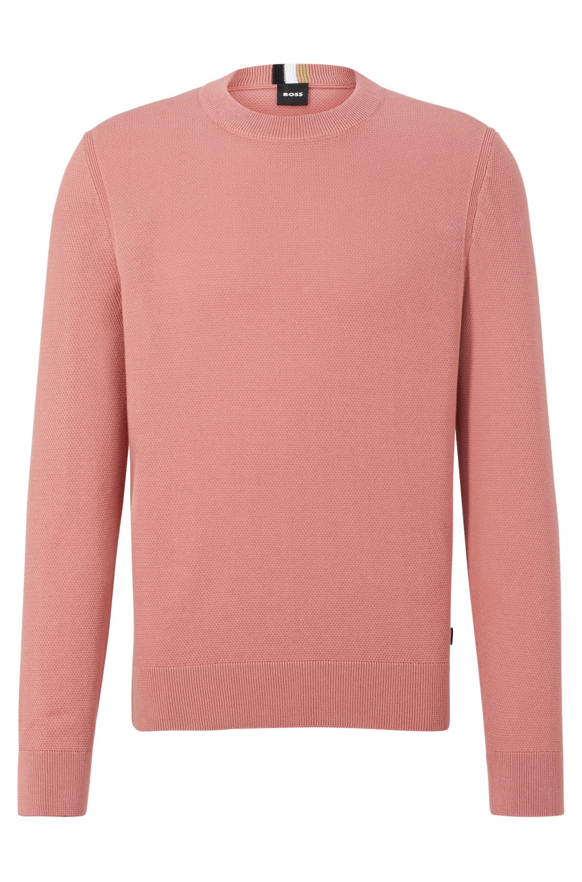 Crew-neck sweater in structured cotton with stripe details, light pink