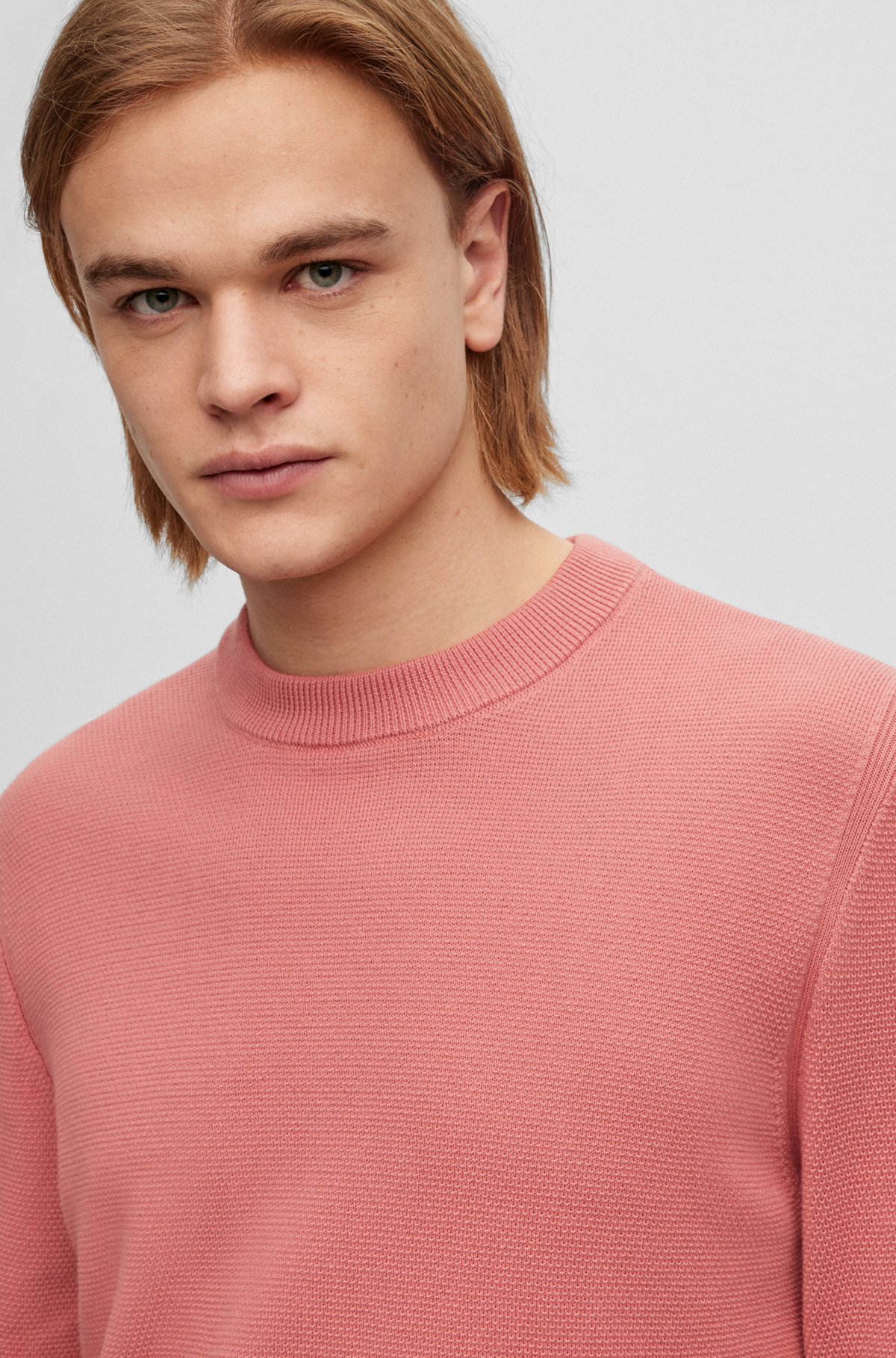 Crew-neck sweater in structured cotton with stripe details, light pink