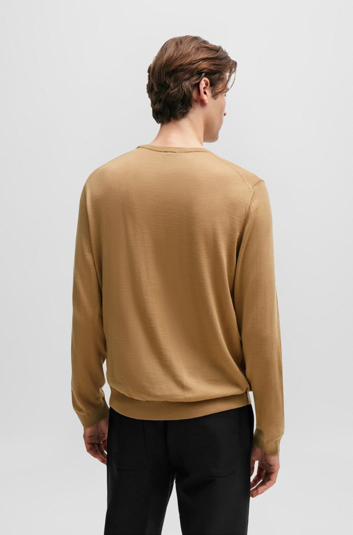 Slim-fit sweater in virgin wool with crew neckline, Beige