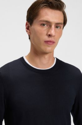 Pull Slim en laine m&eacute;rinos, Bleu fonc&eacute;