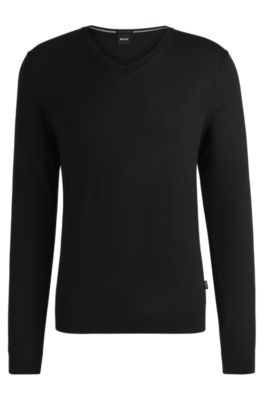 Hugo Boss V-neck Slim-fit Sweater In Virgin Wool In Black