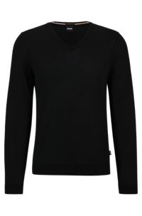 V-neck slim-fit sweater in virgin wool, Black