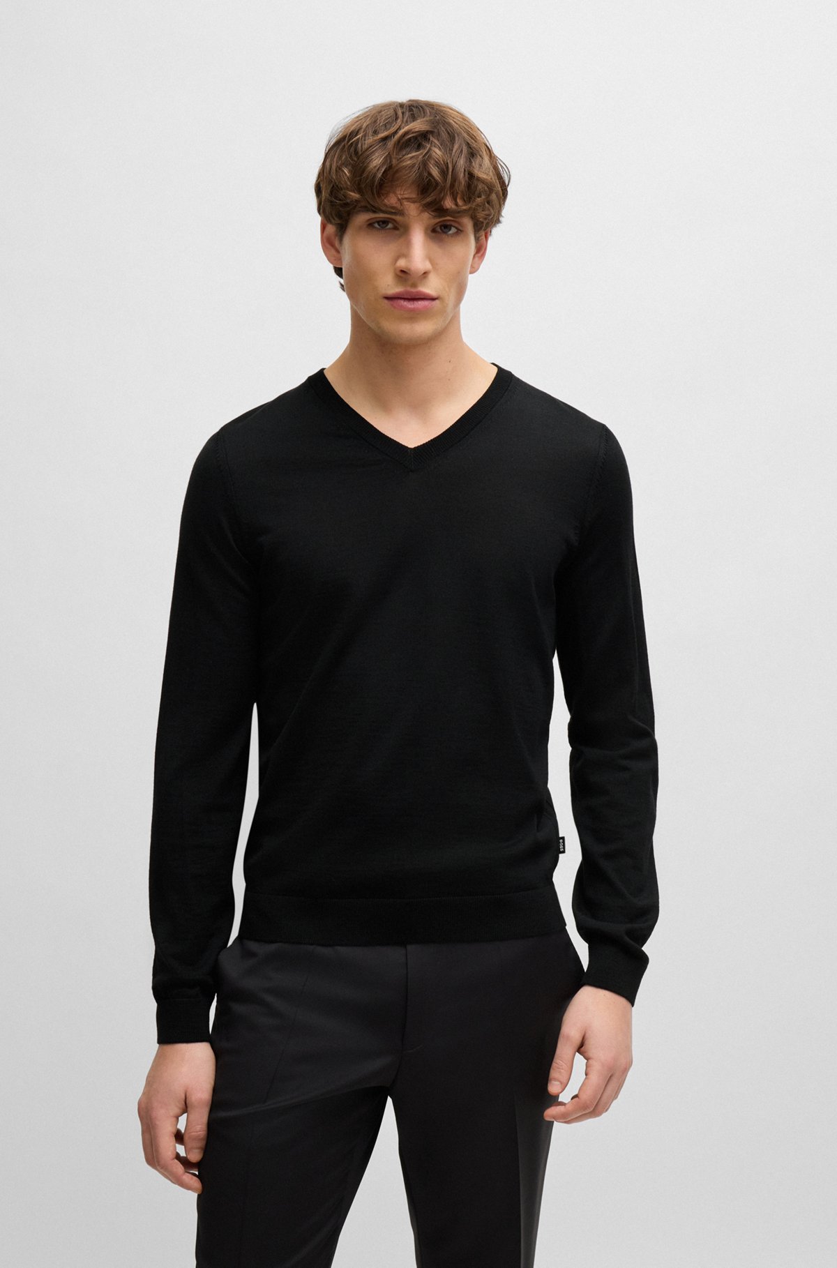 V-neck slim-fit sweater in virgin wool, Black