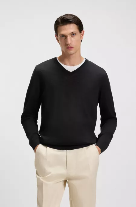 Virgin-wool sweater with V neckline