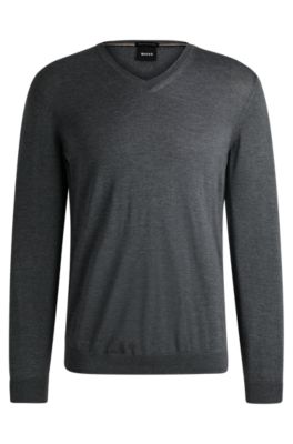 Hugo Boss V-neck Slim-fit Sweater In Virgin Wool In Grey