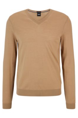 Hugo Boss V-neck Slim-fit Sweater In Virgin Wool In Beige