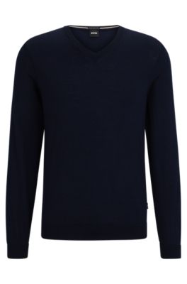 Hugo Boss V-neck Slim-fit Sweater In Virgin Wool In Dark Blue