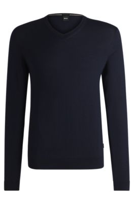 Hugo Boss V-neck Slim-fit Sweater In Virgin Wool In Dark Blue