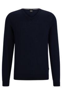 V-neck slim-fit sweater in virgin wool, Dark Blue