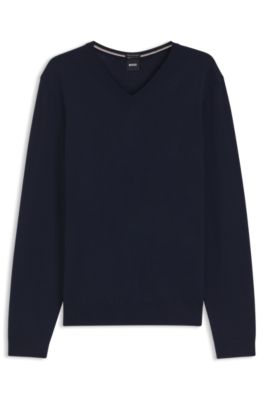 Pull &agrave; col V en laine m&eacute;rinos extra fine, Bleu fonc&eacute;