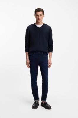 Jersey de lana merina extrafina con cuello en pico, Azul oscuro