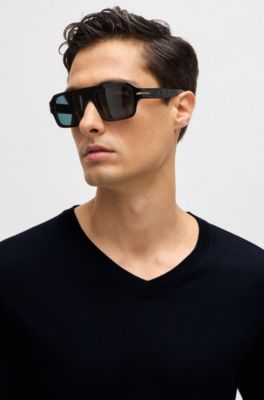 Jersey de lana merina extrafina con cuello en pico, Azul oscuro