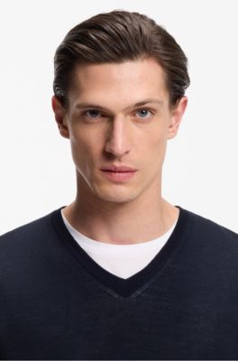 Jersey de lana merina extrafina con cuello en pico, Azul oscuro