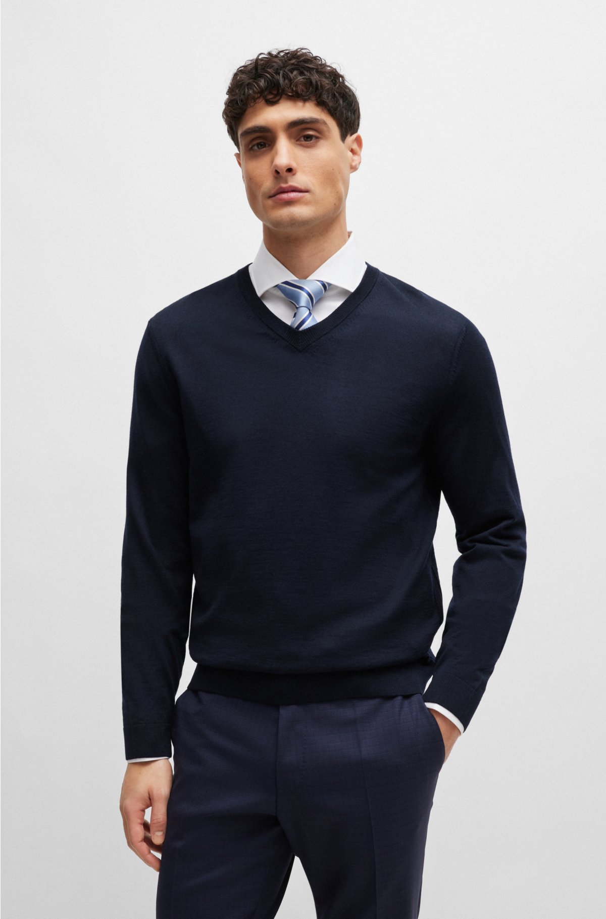 BOSS - Slim-fit V-neck sweater in virgin wool