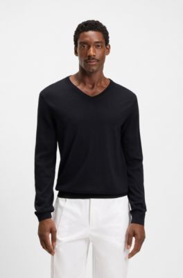 Virgin-wool sweater with V neckline, Dark Blue