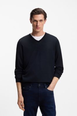 Jersey de lana merina extrafina con cuello en pico, Azul oscuro