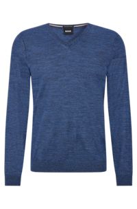 V-neck slim-fit sweater in virgin wool, Blue