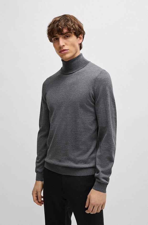 Slim-fit rollneck sweater in wool, Grey