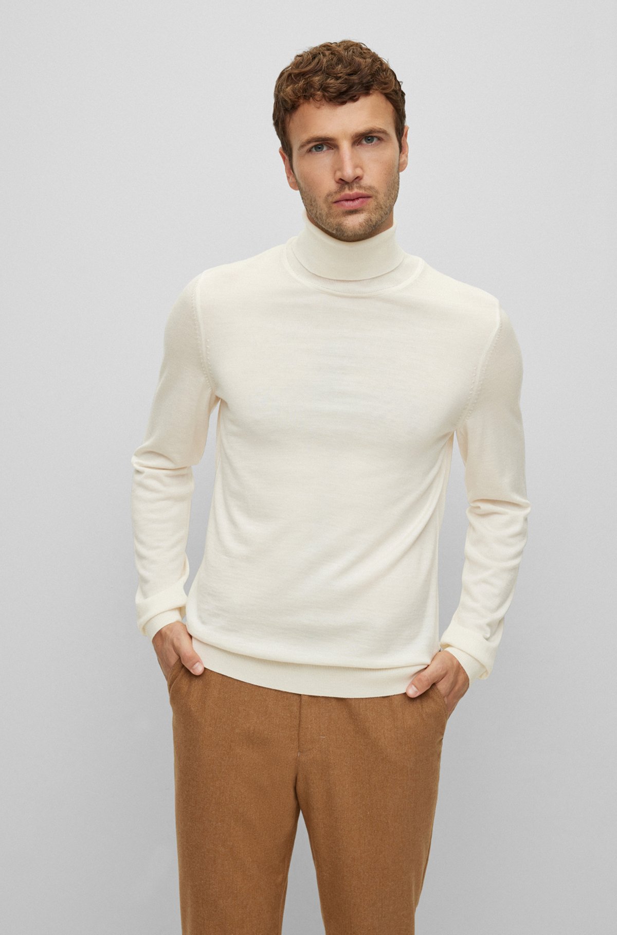 Slim-fit rollneck sweater in wool, White
