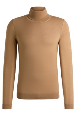 Pull Slim &agrave; col roul&eacute; en laine m&eacute;rinos extra fine, Beige