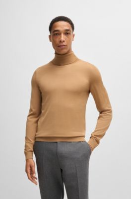 Pull Slim &agrave; col roul&eacute; en laine m&eacute;rinos extra fine, Beige