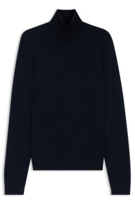 Jersey slim fit de cuello vuelto en lana merina extrafina, Azul oscuro