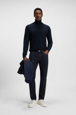 Jersey slim fit de cuello vuelto en lana merina extrafina, Azul oscuro