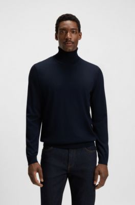 Pull Slim &agrave; col roul&eacute; en laine m&eacute;rinos extra fine, Bleu fonc&eacute;