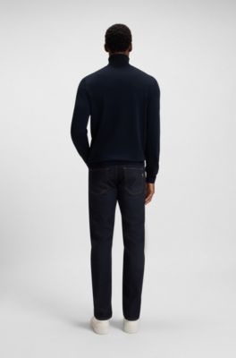 Jersey slim fit de cuello vuelto en lana merina extrafina, Azul oscuro