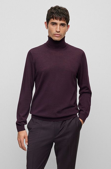 Slim-fit rollneck sweater in wool, Dark Red