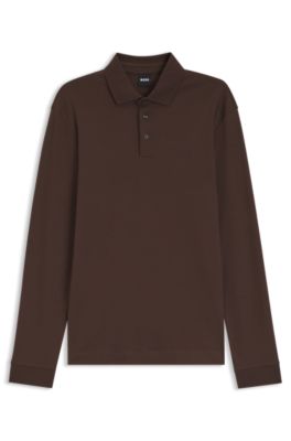 Polo de manga larga en algod&oacute;n interlock con logo, Marr&oacute;n oscuro